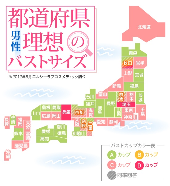 男性が理想とするバストサイズを都道府県別にまとめた『男性版理想のバストサイズ日本地図』