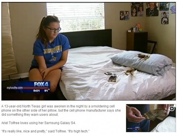 13歳少女の就寝中にスマホが発火（画像はmyfoxdfw.comのスクリーンショット）