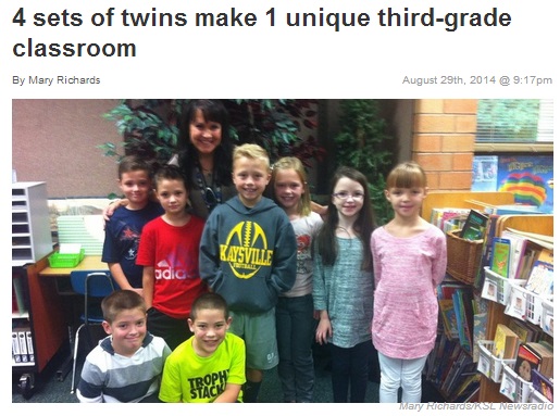 米ユタ州の小学校で1クラスに双子が4組（画像はksl.comのスクリーンショット）