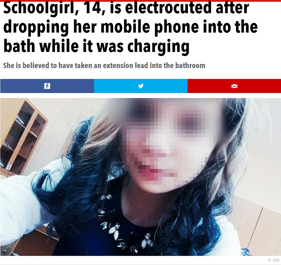 入浴中に携帯電話を充電して使用した少女、感電死（出典：http://www.thesun.co.uk）