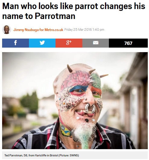 オウムそっくりの英国人男性、「パロットマン」と改名（出典：http://metro.co.uk）