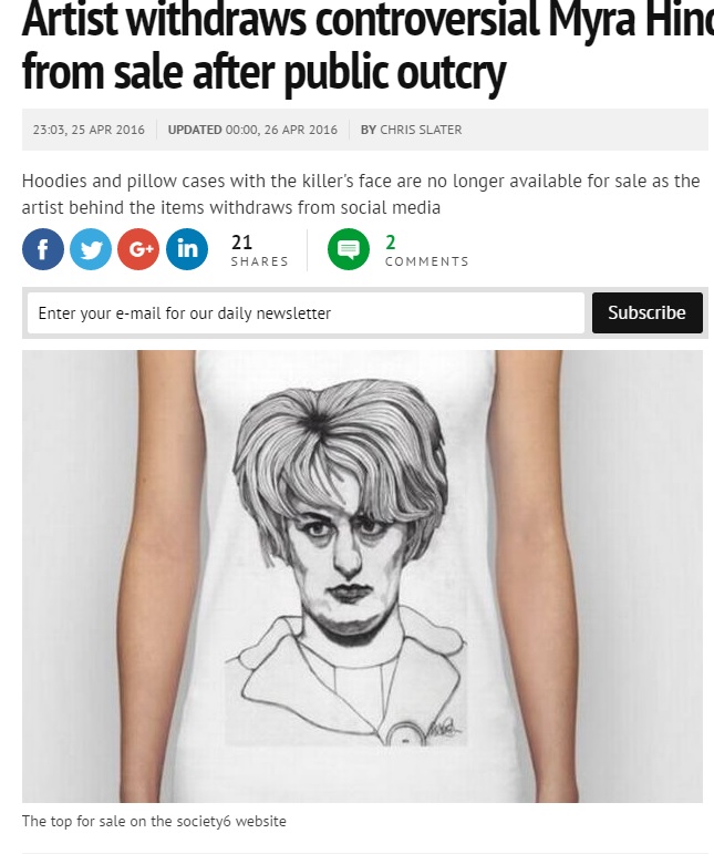 凶悪殺人鬼の似顔絵がTシャツに（出典：http://www.manchestereveningnews.co.uk）