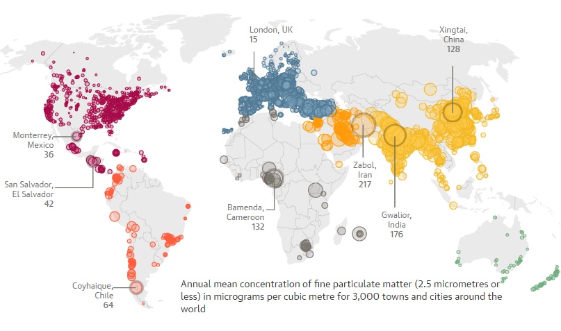 世界のPM2.5大気汚染ワースト地域（出典：http://www.theguardian.com）