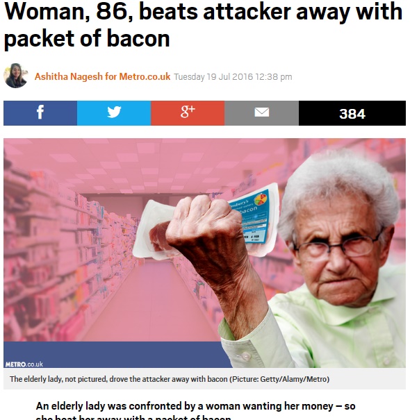 【海外発！Breaking News】86歳おばあちゃん見事ひったくり犯を撃退　“武器”はベーコンの塊！（英）