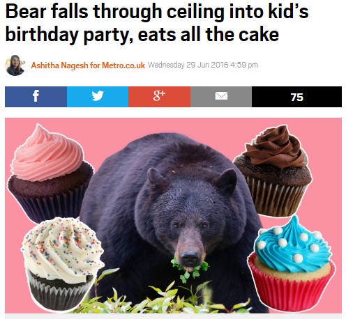 アラスカ州でクマが子供らのパーティに（出典:http://metro.co.uk）