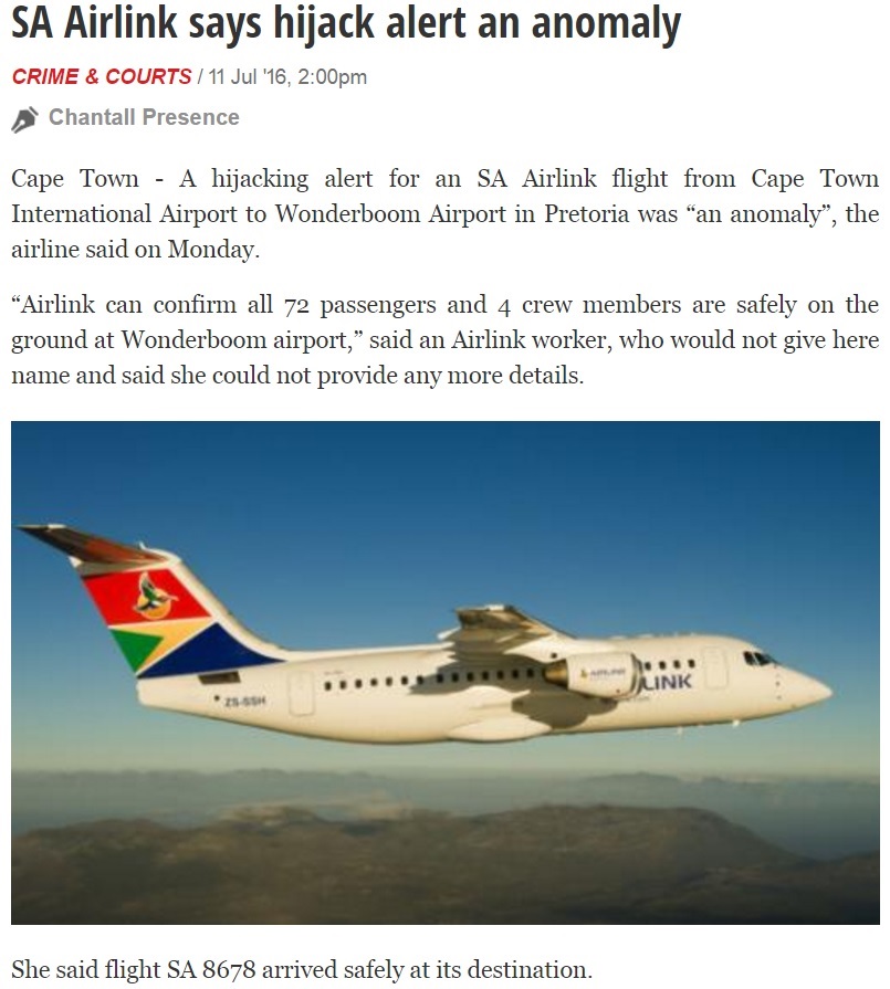 南アフリカの航空機、乗客4時間降りられず（出典：http://www.iol.co.za）