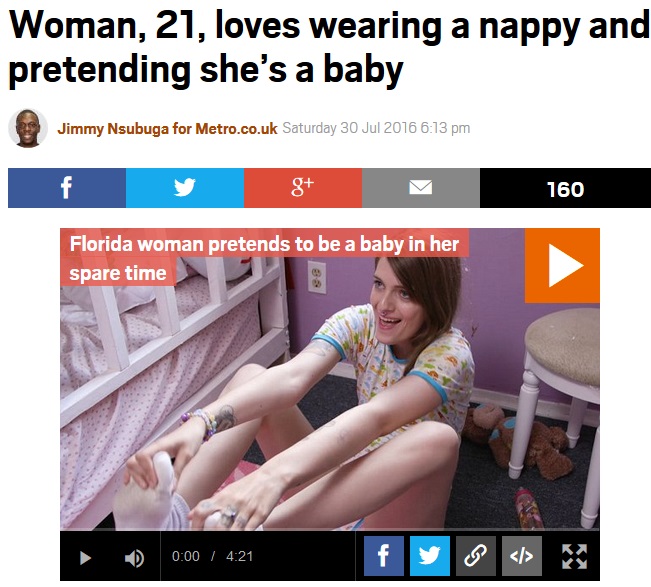 幼少期のトラウマが原因!?　赤ちゃんごっこをする女性（出典：http://metro.co.uk）