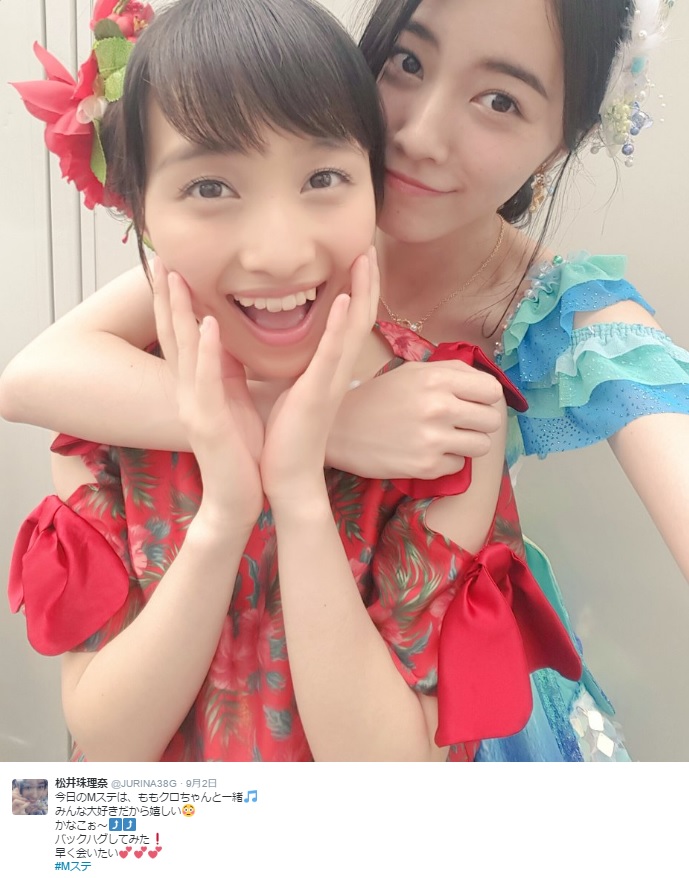 【エンタがビタミン♪】松井珠理奈が百田夏菜子に“バックハグ”　SKE48×ももクロ夢のショットに「行動がイケメン」