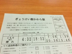 翌日の天気、日の出、日の入り時間などが記載された宿作成のかわら版