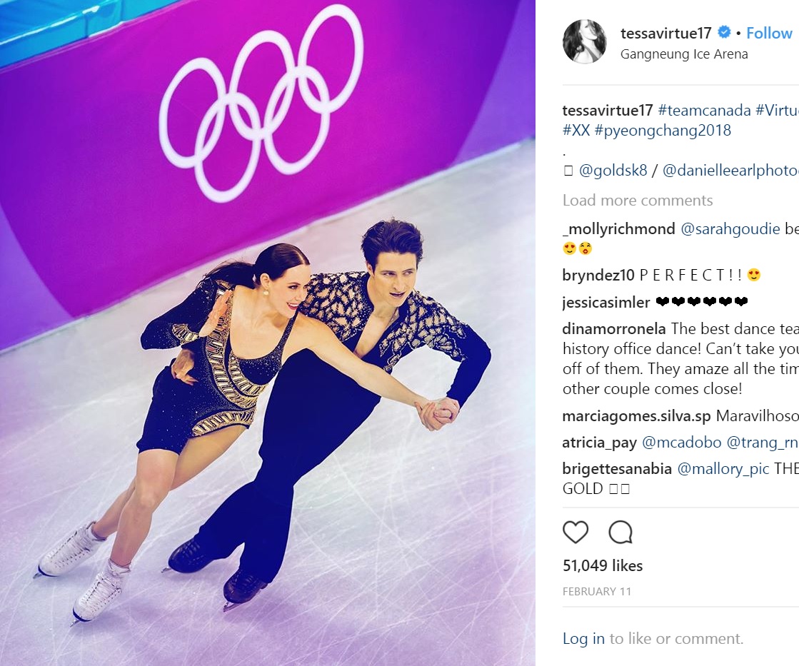 完璧な演技で世界中を魅了したバーチュー＆モイヤー（画像は『Tessa Virtue　2018年2月11日付Instagram「＃teamcanada ＃VirtueMoir ＃XX ＃pyeongchang2018」』のスクリーンショット）