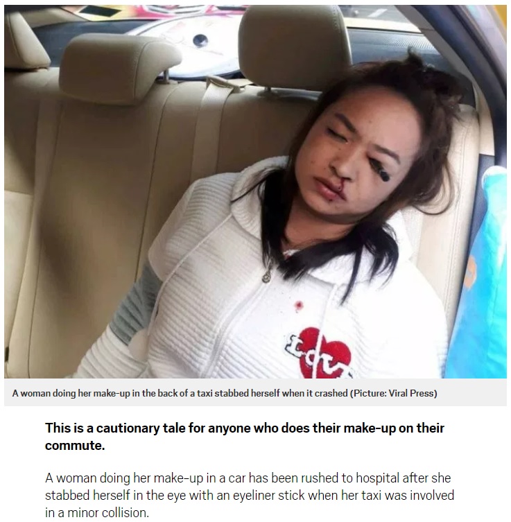 衝突事故でペンシルが眼窩に突き刺さった女性（画像は『Metro　2018年6月13日付「Woman stabs herself with eyeliner stick while doing make-up in the car」（Picture: Viral Press）』のスクリーンショット）