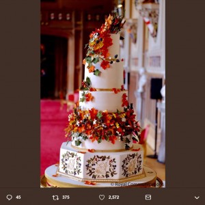 レッドヴェルヴェッド＆チョコレートのケーキは秋を意識したデコレーション（画像は『The Royal Family　2018年10月12日付Twitter「The Couple asked London-based cake designer Sophie Cabot to make their wedding cake.」』のスクリーンショット）