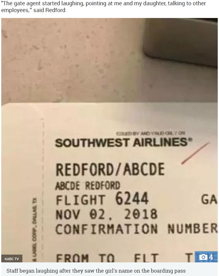 娘の名前「ABCDE」が印字された搭乗券（画像は『The Sun　2018年11月29日付「NAME AND SHAME Mum’s fury after Southwest Airlines worker name-shamed her five-year-old daughter for being called Abcde」（Credit: KABC TV）』のスクリーンショット）