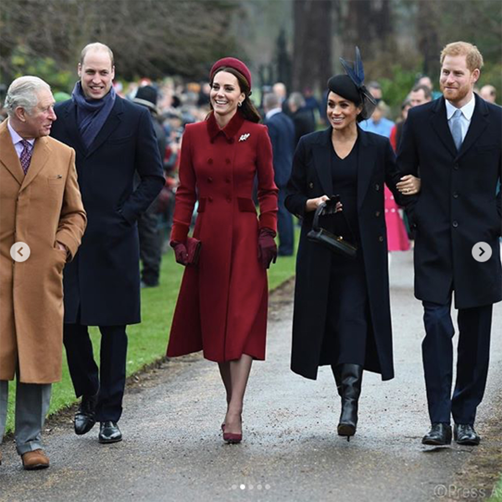 ヴィクトリア・ベッカムのブランドの服を着用するメーガン妃（画像は『The Royal Family　2018年12月25日付Instagram「The Queen attended the Christmas morning service today at St Mary Magdalene Church in Sandringham, Norfolk.」』のスクリーンショット）