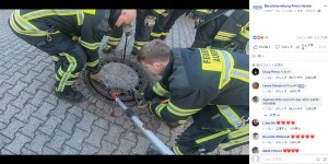 ドブネズミを救助する消防士ら（画像は『Berufstierrettung Rhein Neckar　2019年2月24日付Facebook「Einsatznummer: 217/2019 Datum: 24.02.2019 um 13:50 Uhr Einsatzort: Schillerstrasse, 64625 Bensheim - Auerbach」』のスクリーンショット）