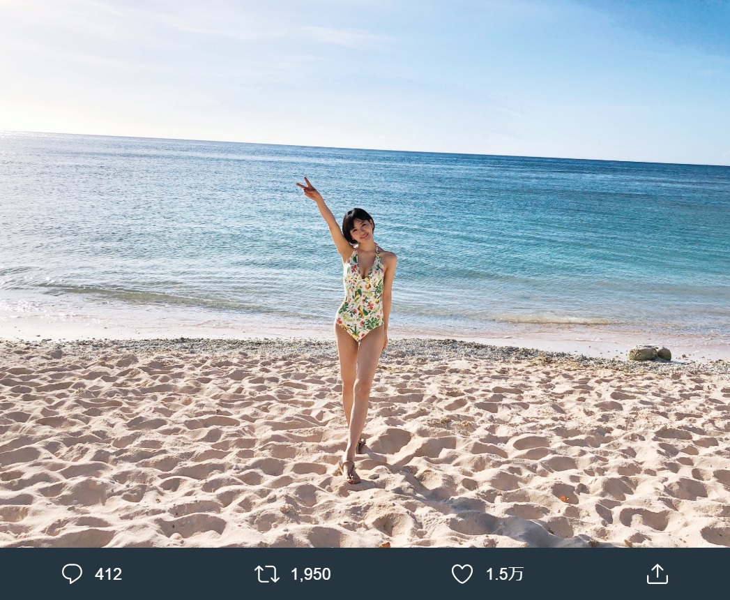 スリムなスタイルが際立つ兒玉遥（画像は『兒玉遥　2019年8月1日付Twitter「痩せたな～」』のスクリーンショット）