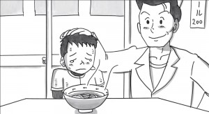 野球から帰ってきた息子をラーメンをご馳走して慰める父親