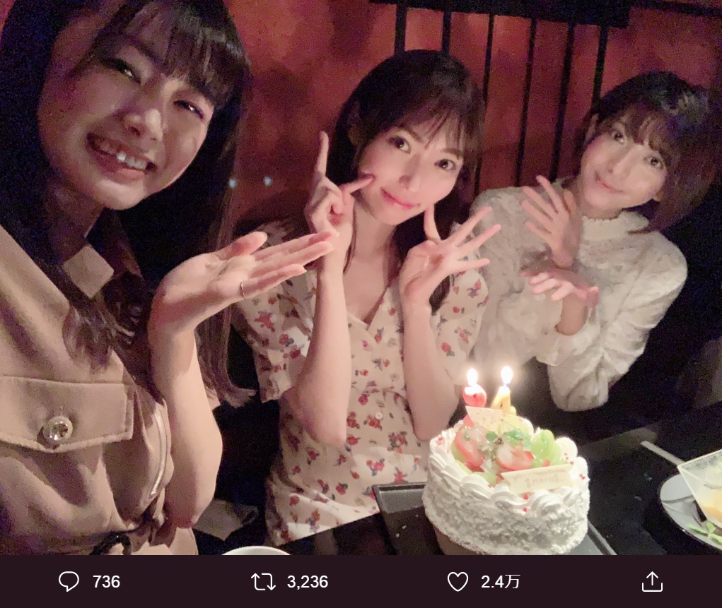 長谷川玲奈、山口真帆、菅原りこ（画像は『山口真帆　2019年9月21日付Twitter「先日、親友に誕生日のお祝いをしてもらいました」』のスクリーンショット）