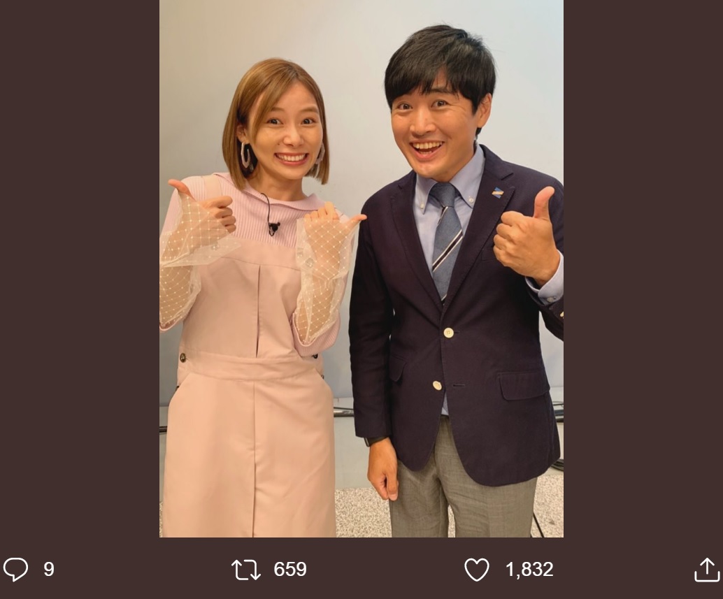 朝日奈央と劇団ひとり（画像は『中居正広のニュースな会（テレビ朝日）　2019年9月14日付Twitter「劇団ひとりさんと朝日奈央さん、今回もスタジオを盛り上げて頂き、ありがとうございました。」』のスクリーンショット）