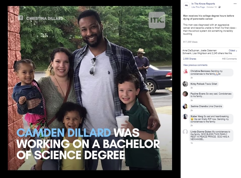 3人の子と妻を遺して旅立ったカムデンさん（画像は『In The Know Reports　2019年10月15日付Facebook「Man receives his college degree hours before dying of pancreatic cancer」』のスクリーンショット）