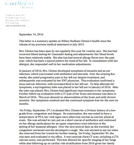 ヒラリー・クリントン氏の主治医、最新検査結果を公表（出典：https://m.hrc.onl/secretary/10-documents/05-physician-letter/HRC_physician_letter.pdf）