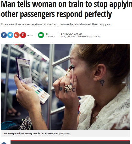 「電車の中でメイクをするな」その声を聞いた車両中の女性は…（出典：http://www.mirror.co.uk）