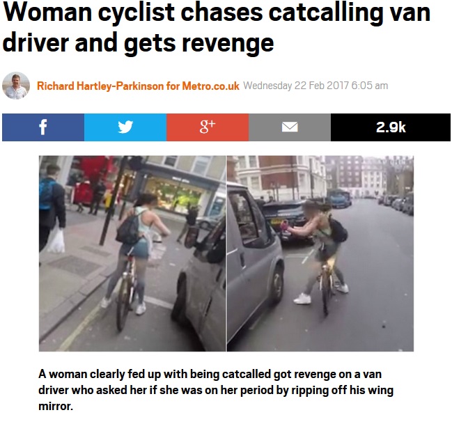 執拗にからかう悪質ドライバーと同乗者に自転車の女性が反撃（出典：http://metro.co.uk）