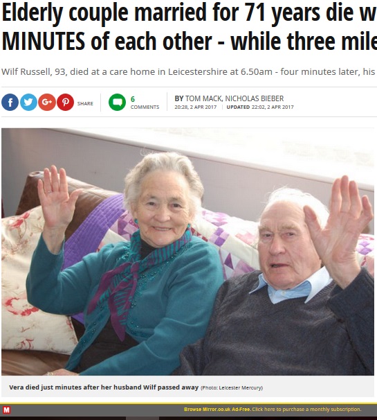71年連れ添った老夫婦、別の場所にいながら4分差で旅立つ（出典：http://www.mirror.co.uk）