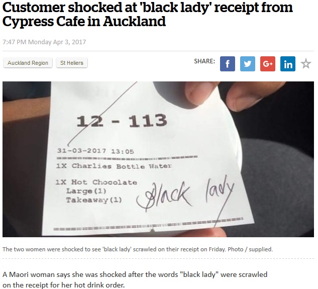 レシートに「Black lady」と書かれた真意は…（出典：http://www.nzherald.co.nz）