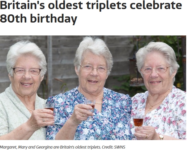 英国で最高齢の三つ子女性、80歳の誕生日を祝う（画像は『ITV 2017年5月21日付「Britain's oldest triplets celebrate 80th birthday」（Credit：SWNS）』のスクリーンショット）