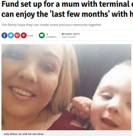 がんを患い余命わずかの母と3歳息子（画像は『WalesOnline　2017年6月5日付「Fund set up for a mum with terminal cancer so she can enjoy the‘last few months’with her son」』のスクリーンショット）