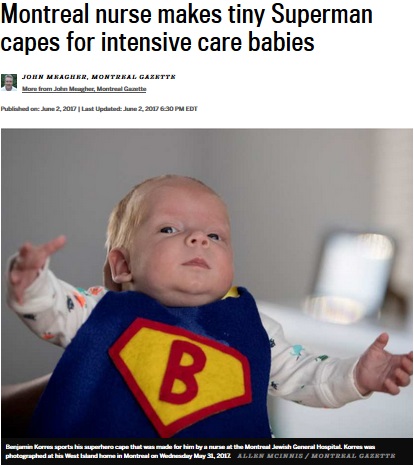 可愛いケープをナースが手作り（画像は『Montreal Gazette　2017年6月2日付「Montreal nurse makes tiny Superman capes for intensive care babies」（ALLEN MCINNIS / MONTREAL GAZETTE）』のスクリーンショット）