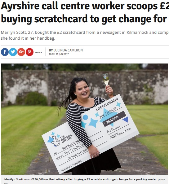 思わぬ大金をゲットした女性（画像は『Daily Record　2017年6月15日付「Ayrshire call centre worker scoops ￡250,000 after buying scratchcard to get change for parking meter」（Photo: PA）』のスクリーンショット）