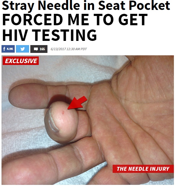 シートポケット内にあった針で指を怪我した男性（画像は『TMZ　2017年6月13日付「DELTA AIRLINES SUED Stray Needle in Seat Pocket FORCED ME TO GET HIV TESTING」』のスクリーンショット）