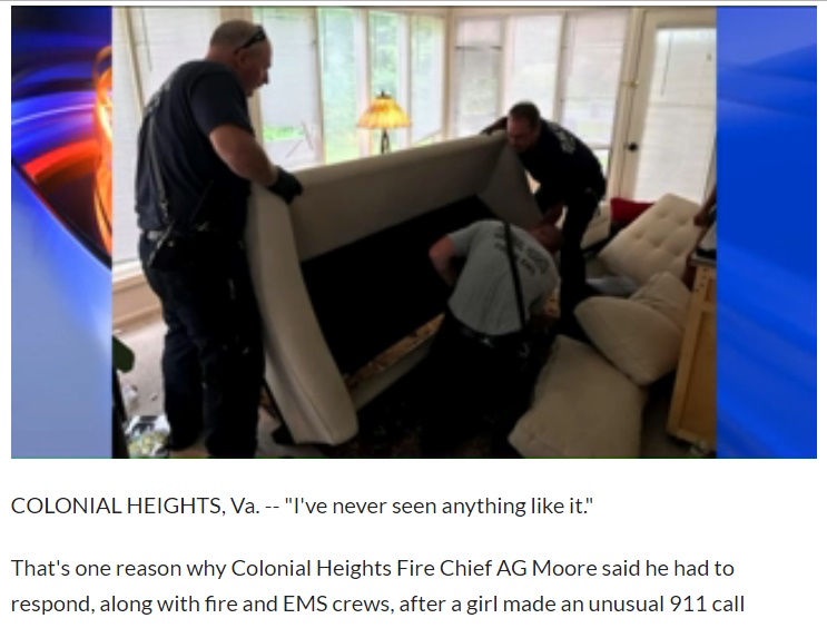 12歳女児、ソファベッドにはさまる（画像は『WTVR-TV　2017年7月6日付「Emergency crews rescue Colonial Heights girl who was stuck in a sofa」』のスクリーンショット）