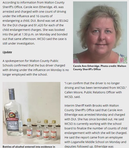スクールバスを飲酒運転していた女（画像は『Monroe Local News　2017年8月22日付「Update: Bus driver charged with DUI fired from Walton County Schools」（Photo credit: Walton County Sheriff’s Office）』のスクリーンショット）