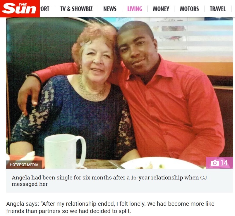 45歳年下のナイジェリア人夫を英国に呼び寄せたい72歳妻（画像は『The Sun　2017年8月24日付「PRICE OF LOVEAnguish for gran-of-six, 72, as Nigerian husband CJ, 27 has his visa rejected AGAIN despite spending her ￡20k life savings trying to get him to the UK」（HOTSPOT MEDIA）』のスクリーンショット）