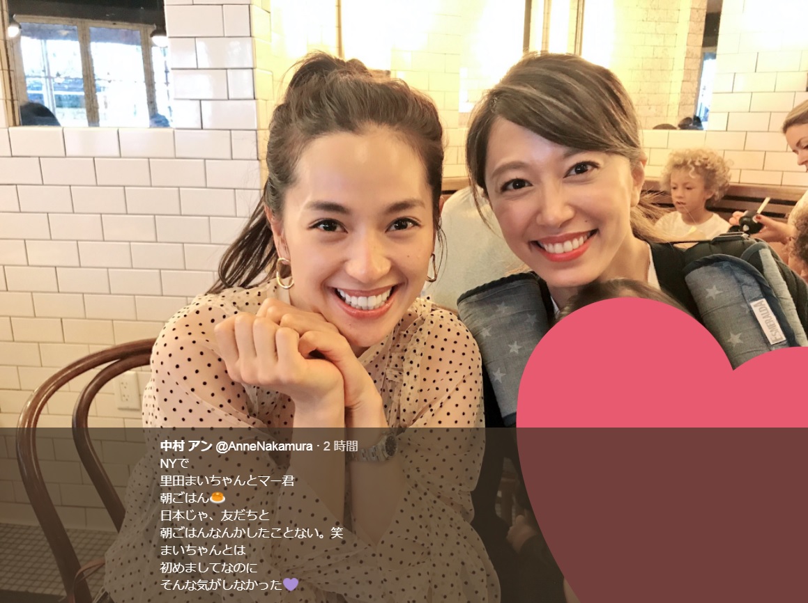 中村アンと里田まい（画像は『中村アン　2017年9月13日付Twitter「NYで里田まいちゃんとマー君 朝ごはん」』のスクリーンショット）