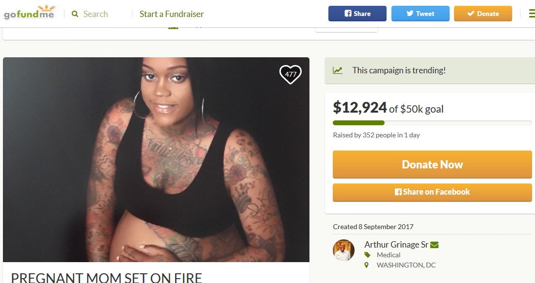 火を放たれた女性、無事赤ちゃんを出産（画像は『GoFundMe　2017年9月8日付「PREGNANT MOM SET ON FIRE」』のスクリーンショット）