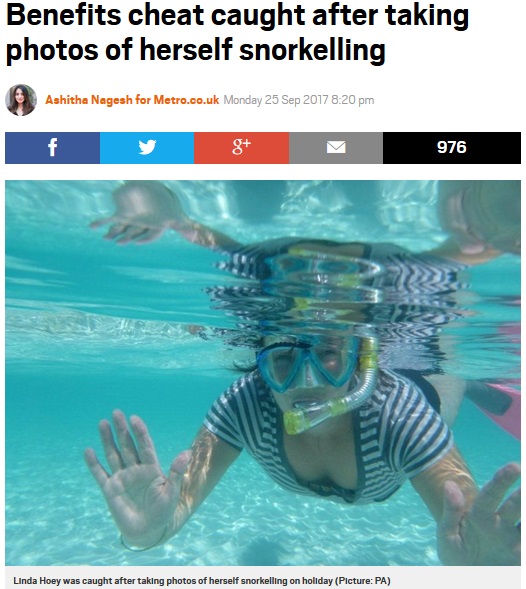 900万円超の手当を騙し取っていた58歳女（画像は『Metro　2017年9月25日付「Benefits cheat caught after taking photos of herself snorkelling」（Picture: PA）』のスクリーンショット）
