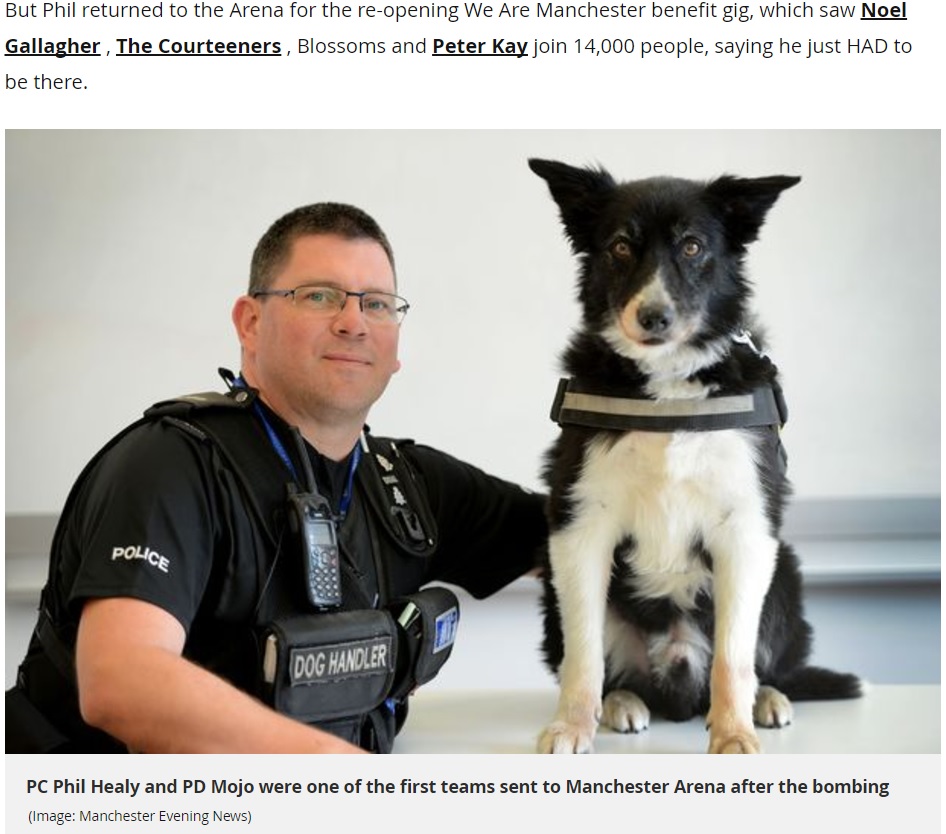 テロ現場を目にした警察犬が脱毛症に（画像は『Manchester Evening News　2017年9月11日付「They witnessed the aftermath of the Manchester bombing - but Mojo and his handler were back on duty at the Arena on Saturday night」』のスクリーンショット）