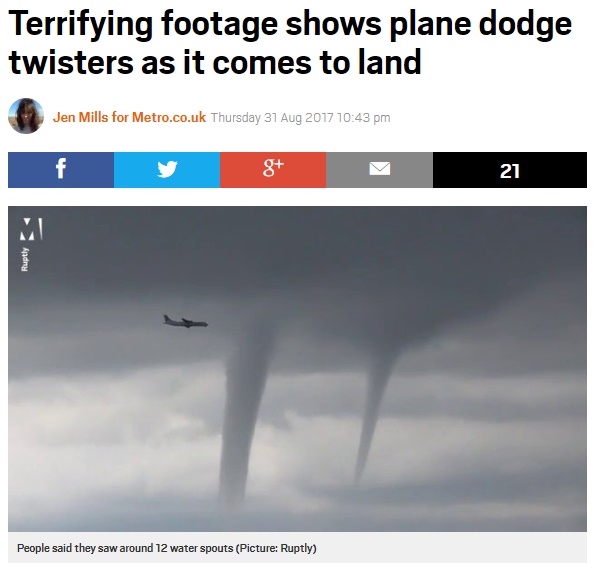 竜巻をよけて飛ぶ飛行機（画像は『Metro　2017年8月31日付「Terrifying footage shows plane dodge twisters as it comes to land」（Picture: Ruptly）』のスクリーンショット）