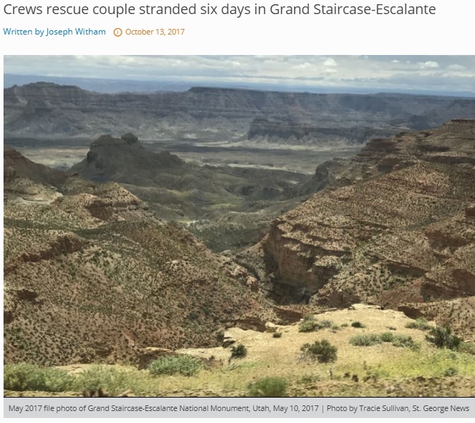 ナビの誤った誘導のせいでこの渓谷を…（画像は『St George News　2017年10月13日付「Crews rescue couple stranded six days in Grand Staircase-Escalante」（Photo by Tracie Sullivan, St. George News）』のスクリーンショット）