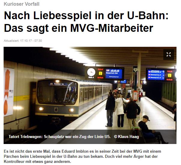 カップルの痴態に乗客は咎めたものの…（画像は『tz online　2017年10月17日付「Nach Liebesspiel in der U-Bahn: Das sagt ein MVG-Mitarbeiter」（（C）Klaus Haag）』のスクリーンショット）