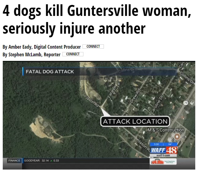 4頭の犬に襲われ1名死亡、1名重体（画像は『WAFF-TV　2017年11月29日付「4 dogs kill Guntersville woman, seriously injure another」』のスクリーンショット）