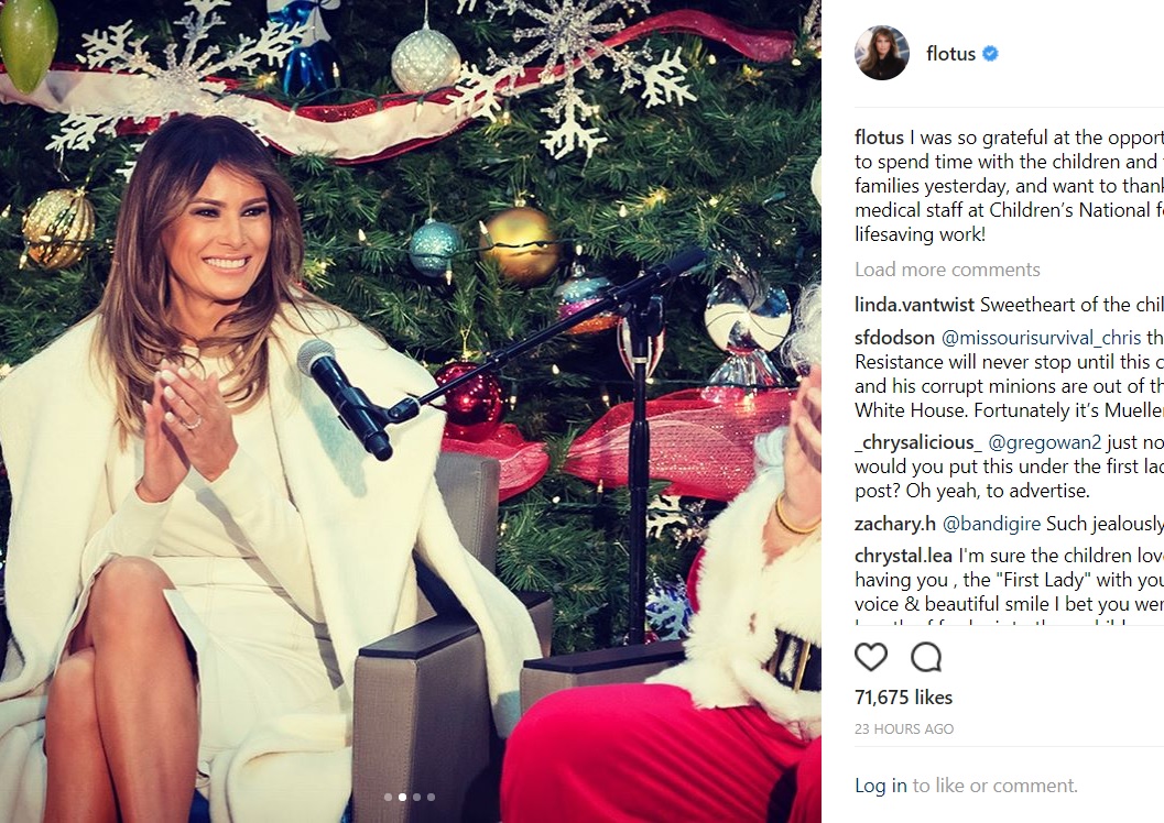 子供たちとの交流を楽しんだメラニア夫人（画像は『First Lady Melania Trump　2017年12月8日付Instagram「I was so grateful at the opportunity to spend time with the children and their families yesterday, and want to thank the medical staff at Children’s National for their lifesaving work!」』のスクリーンショット）