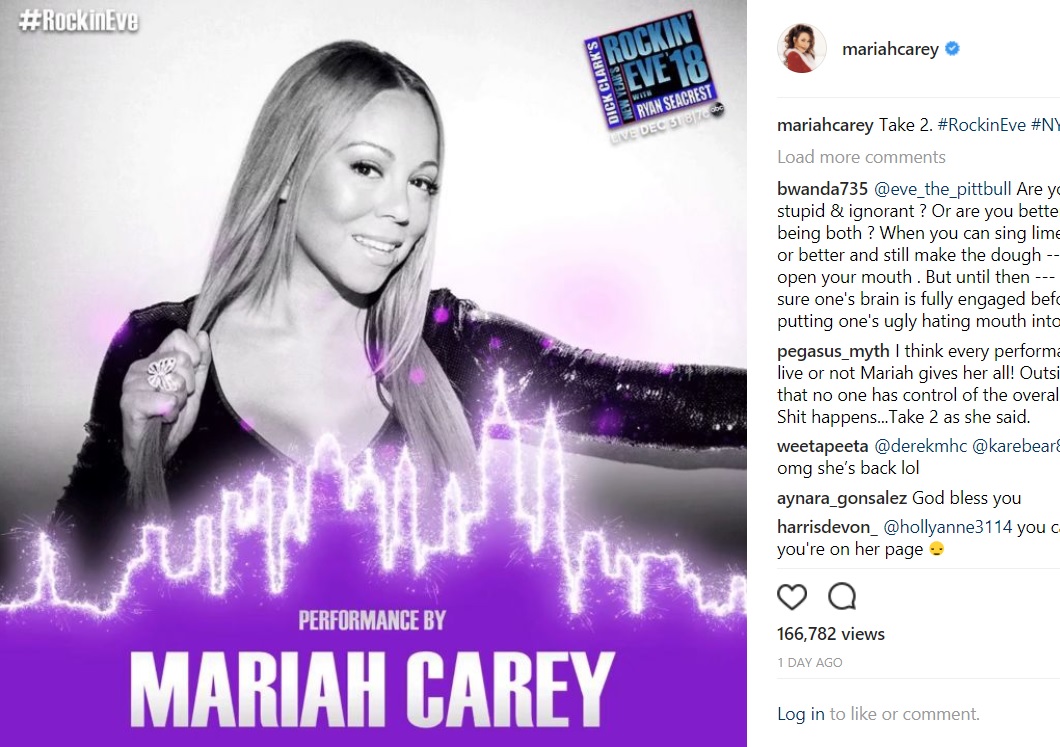 マライア、大晦日は再びあのステージへ（画像は『Mariah Carey　2017年12月22日付Instagram「Take 2. ＃RockinEve ＃NYE」』のスクリーンショット）