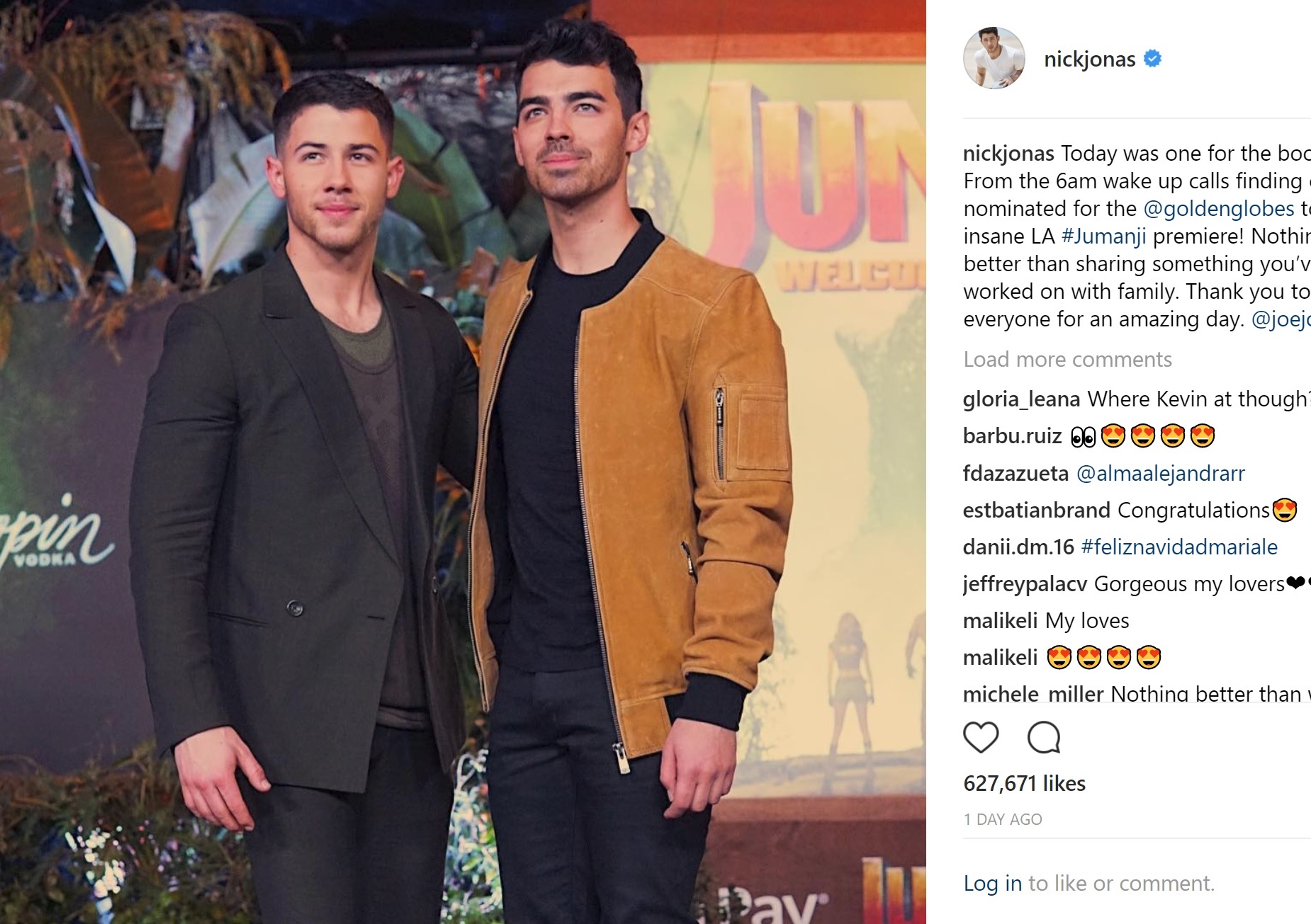 『Jumaniji:Welcome To The Jungle』プレミアにて、兄のジョーとニック（画像は『Nick Jonas　2017年12月12日付Instagram「Today was one for the books... From the 6am wake up calls finding out I’m nominated for the ＠goldenglobes to the insane LA ＃Jumanji premiere！」』のスクリーンショット）