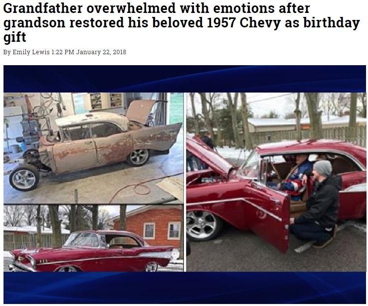 祖父、孫のスペシャルな贈り物に感涙（画像は『WorldWide Weird News　2018年1月22日付「Grandfather overwhelmed with emotions after grandson restored his beloved 1957 Chevy as birthday gift」』のスクリーンショット）