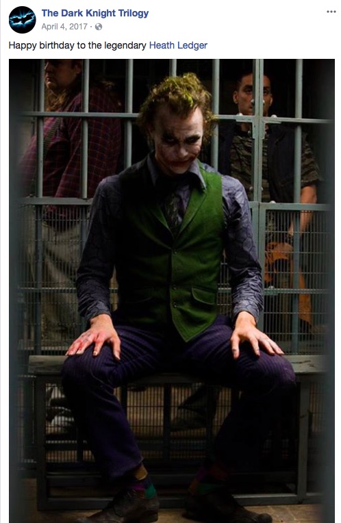 史上最高と名高いヒースの演じたジョーカー（画像は『The Dark Knight Trilogy　2017年4月4日付Facebook「Happy birthday to the legendary Heath Ledger」』のスクリーンショット）